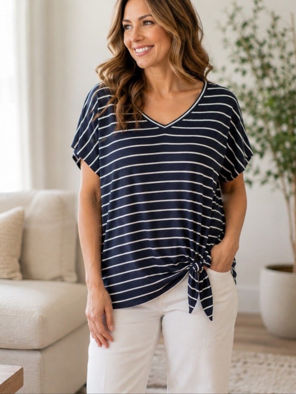 Matty M Navy Blue Striped Tie Front Top V Neck Short Sleeve Casual Medium